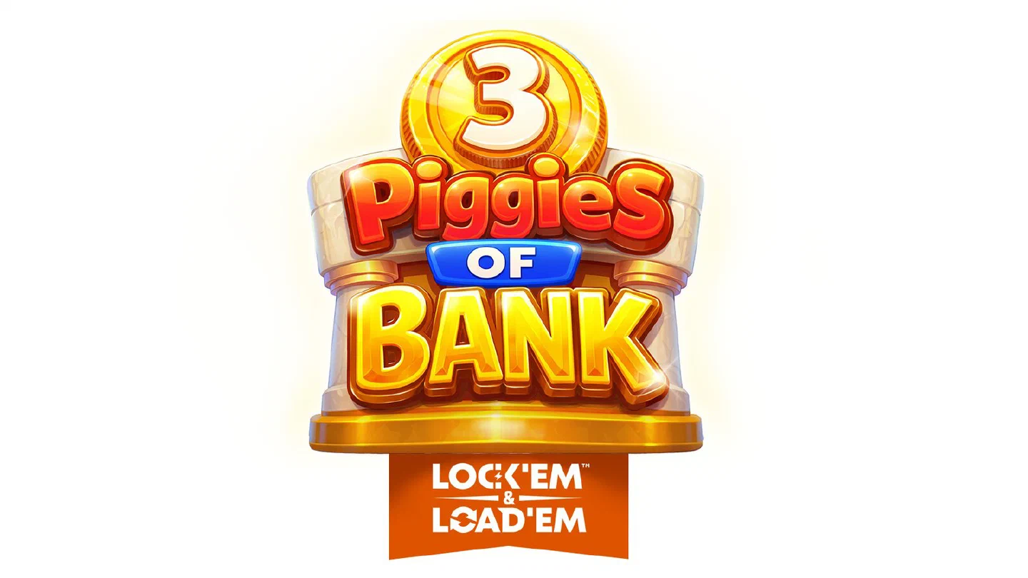 Titellogotypen för 3 Piggies of Bank med guldmyntet som trea och märket Lock 'em & Load 'em