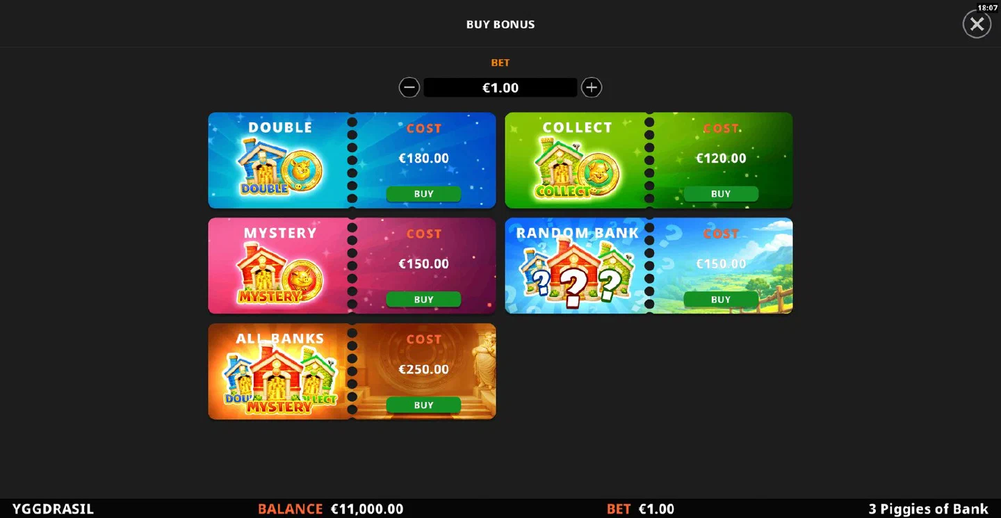 BUY BONUS-panelen i 3 Piggies of Bank med de fem köpen och deras priser